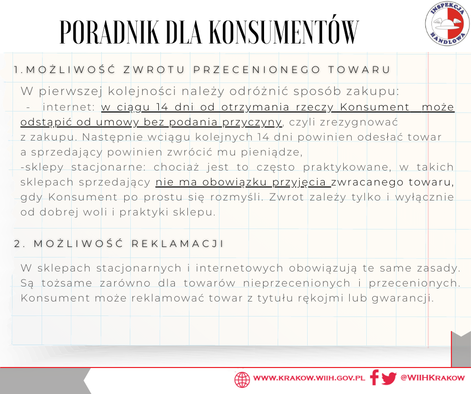 W prawym górny rogu znajduje się logo Inspekcji Handlowej, a w prawy dolnym odnośniki do strony internetowej www.krakow.wiih.gov.pl i mediów społecznościowych Facebook i Twitter. Na środku znajduje się tekst: Poradnik dla konsumentów 1. Możliwość zwrotu przecenionego towaru. W pierwszej kolejności należy odróżnić sposób zakupu: - internet: w ciągu 14 dni od otrzymania rzeczy Konsument może odstąpić od umowy bez podania przyczyny, czyli zrezygnować z zakupu. Następnie, w ciągu kolejnych 14 dni powinien odesłać towar a sprzedający powinien zwrócić mu pieniądze., - sklepy stacjonarne: chociaż jest to często praktykowane, w takich sklepach sprzedający nie ma obowiązku przyjęcia zwracanego towaru, gdy Konsument po prostu się rozmyśli. Zwrot zależy tylko i wyłącznie od dobrej woli i praktyki sklepu. 2. Możliwość reklamacji W sklepach stacjonarnych i internetowych obowiązują te same zasady. Są tożsame zarówno dla towarów nieprzecenionych i przecenionych. Konsument może reklamować towar z tytułu rękojmi lub gwarancji.